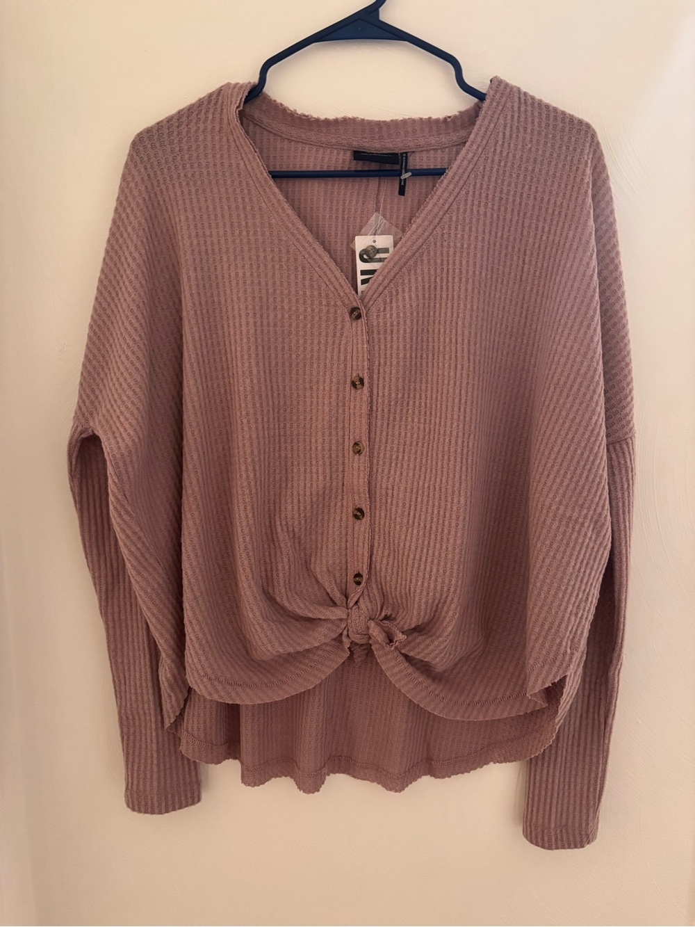 Urban Outfitters Women's Mauve Waffle Knit Button-Front Tie Hem Sweater